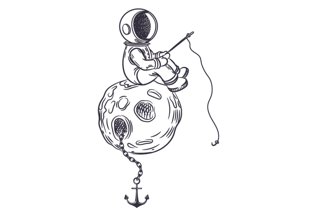 Austronaut sitzt auf einem Mond mit Anker und hält eine Angel in der Hand