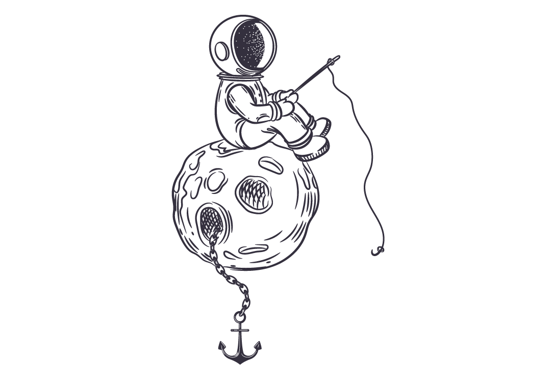 Austronaut sitzt auf einem Mond mit Anker und hält eine Angel in der Hand
