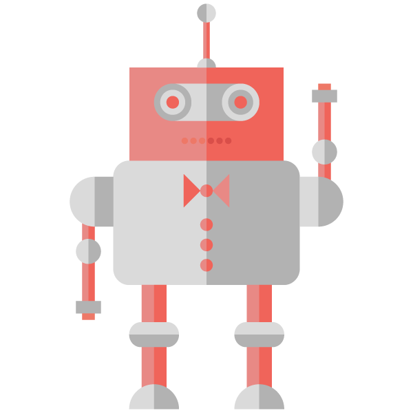 Kleiner Roboter mit grauem Körper trägt eine rote Fliege winkt.